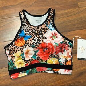 Johnny Was Active Sandra Criss Cross High Neck cheetah print sports bra NWT